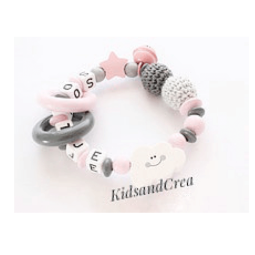 hochet bébé bois crochet et perle bois prénom