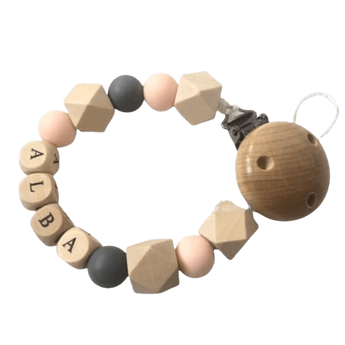 attache tétine personnalisée en bois naturel et silicone avec prénom