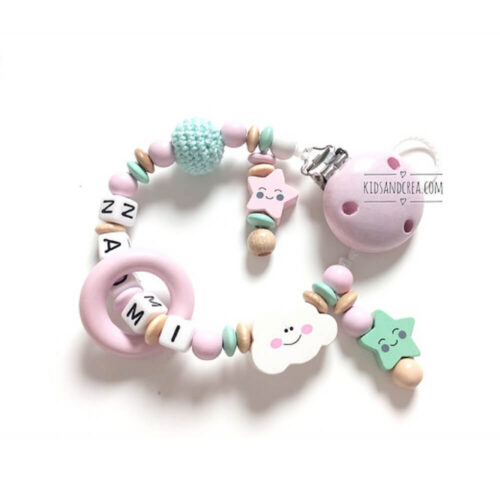 Attache tétine bois crochet nuage menthe personnalisée