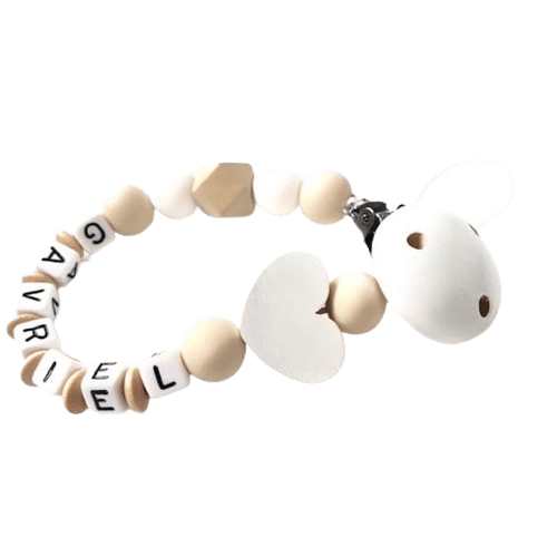 attache tétine bébé naturel personnalisée en silicone et bois avec prénom