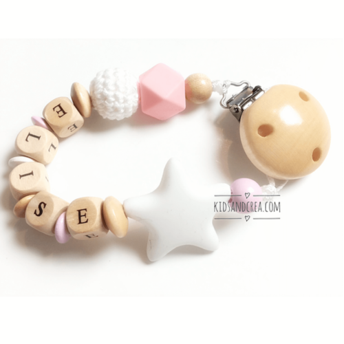 Attache tétine total nature personnalisé coton bois silicone modèle Elise