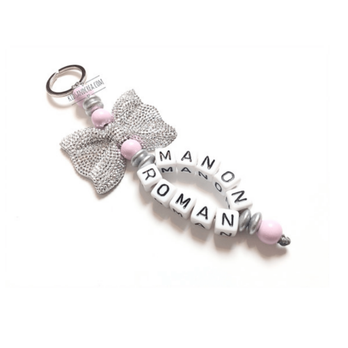 porte clés bijoux femme 2 textes à graver au choix noeud strass